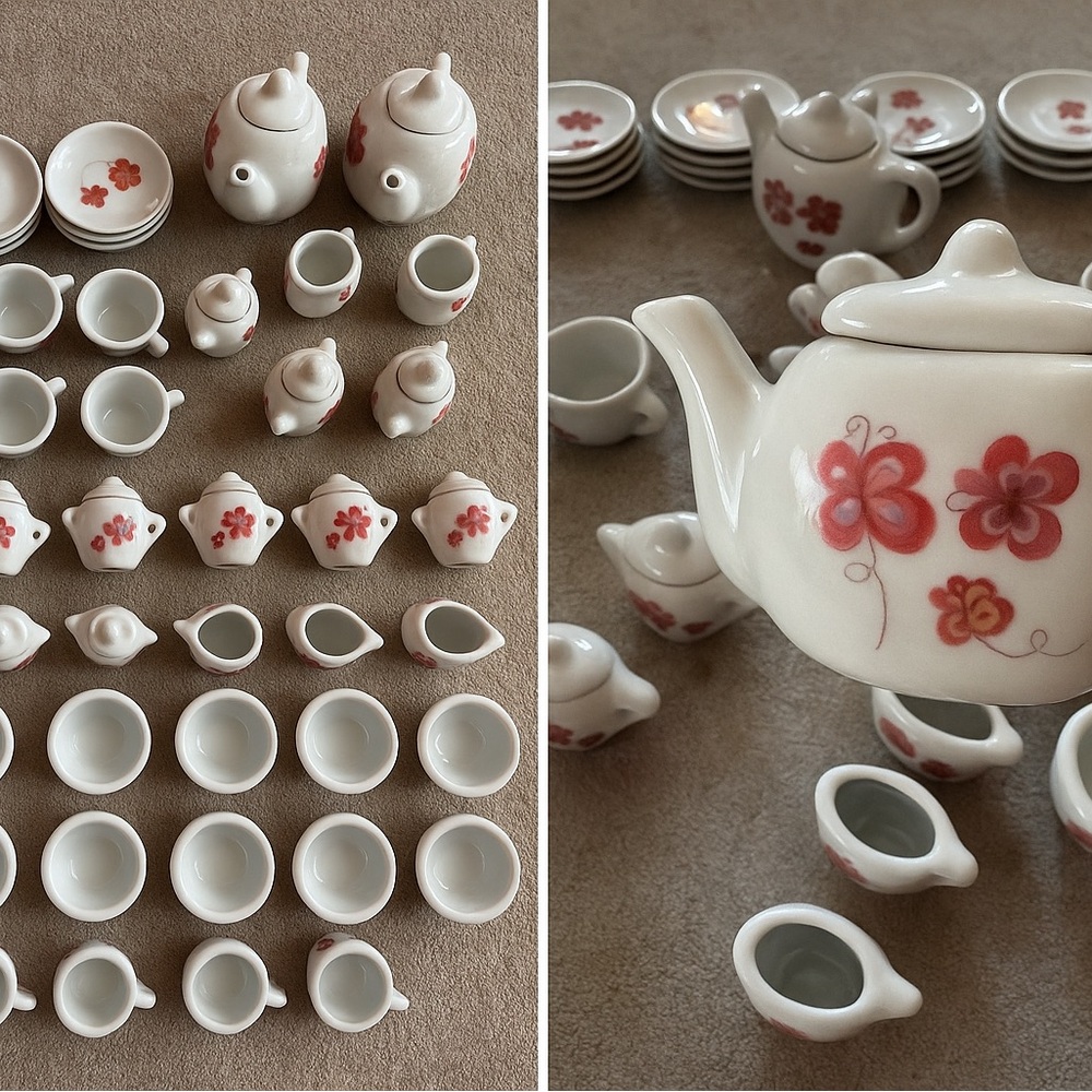Children’s miniature Floral Tea Set with Red Accents